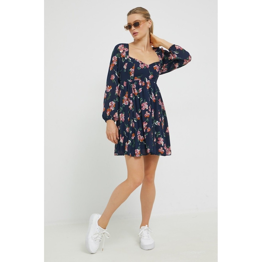 Abercrombie & Fitch Navy Floral Babydoll Long Sleeve Flowy Mini Dress Sz L Tall